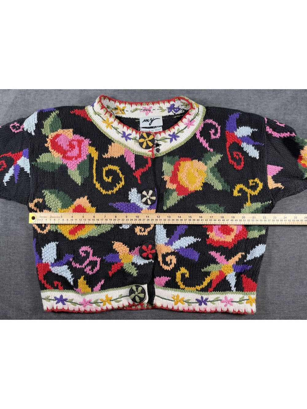 myz Hand Knitted Floral Pattern Cardigan Sweater Size L - Picture 3 of 4